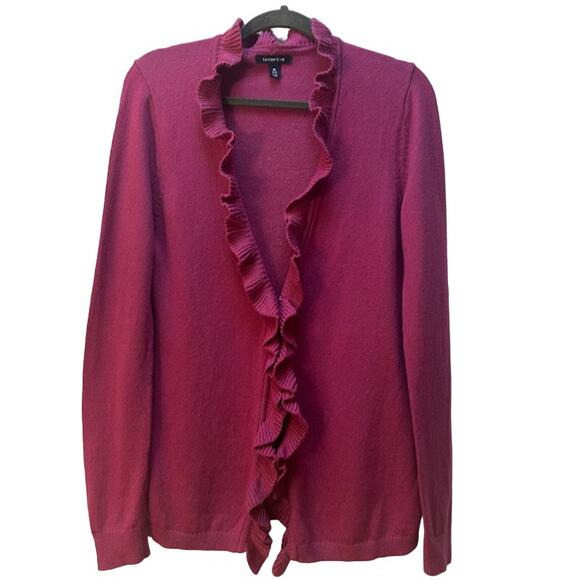 Lands End Women's Cardigan Raspberry Ruffle Front Open Cotton Wool Blend M 10-12 - Picture 1 of 7